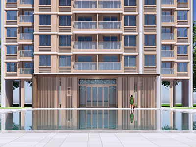 Modern High Rise Apartment Entrance Gate With Glass Doors Water Pool And Reflection 3d model