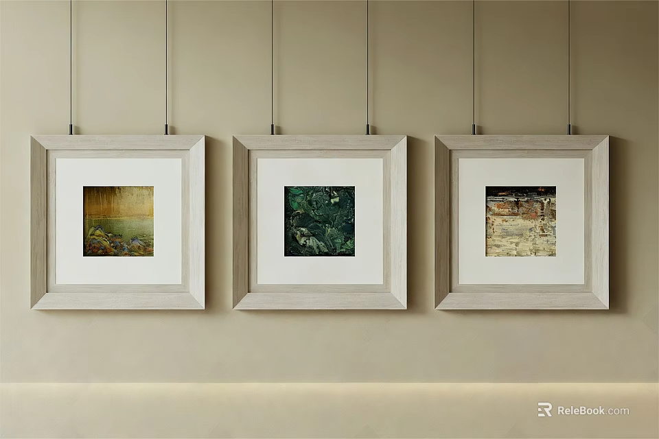 Three Abstract Paintings In White Frames Hanging On Beige Wall 3d model 