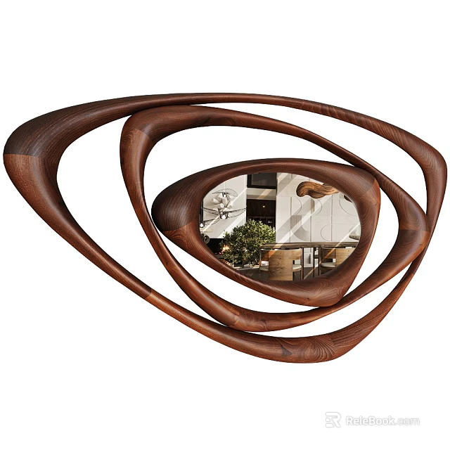Wooden Circular Loop Design Decorative Mirror Reflecting Indoor Scene With Plant And Furniture 3d model 