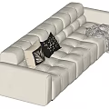 White Modern Sectional Sofa with Black Patterned Pillows and Grey Throw Blanket in Tufted Design 3d model