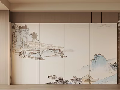 Elegant Chinese Style Sofa Backdrop Wall With Landscape Painting Mountains And Pavilion 3d model