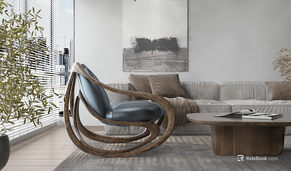 Stylish Modern Lounge Chair With Curved Wooden Frame Blue Cushion Gray Sofa And Abstract Painting 3d model 