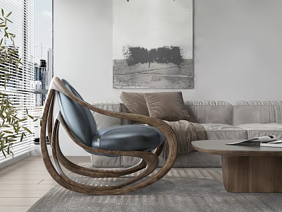 Stylish Modern Lounge Chair With Curved Wooden Frame Blue Cushion Gray Sofa And Abstract Painting 3d model