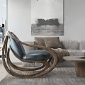Stylish Modern Lounge Chair With Curved Wooden Frame Blue Cushion Gray Sofa And Abstract Painting