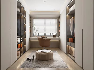Modern Closet Interior Design With Custom Cabinets Open Shelves Armchair Ottoman And Window Rug 3d model