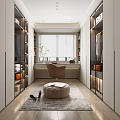 Modern Closet Interior Design With Custom Cabinets Open Shelves Armchair Ottoman And Window Rug