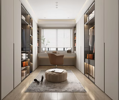 Modern Closet Interior Design With Custom Cabinets Open Shelves Armchair Ottoman And Window Rug 3d model