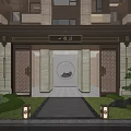 Traditional Chinese Entrance Gate Of Building With Circular Pattern Green Plants And Lighting