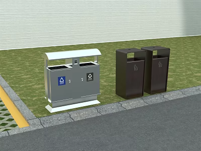 Public Trash Bins With Recycling Symbols Silver And Brown Outdoor Facilities 3d model