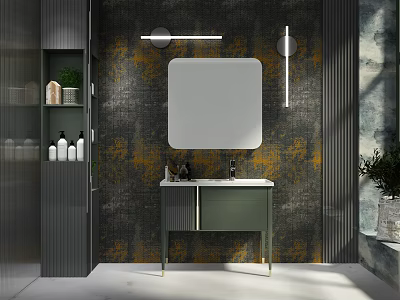 Modern Bathroom Vanity with Green Base Patterned Wall Round Mirror Lighting Side Shelf Toiletries 3d model