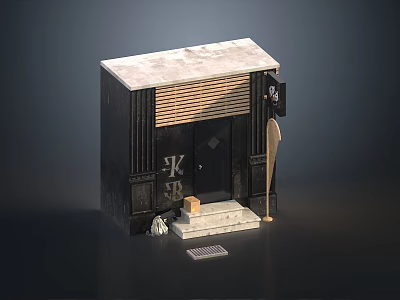 Black Building Model Featuring Swing Door Marble Top Steps And KB Sign 3d model
