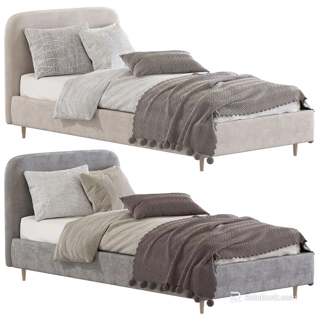 Modern Single Bed Designs In Light And Dark Grey With Soft Pillows And Blankets 3d model 