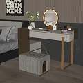 Elegant Modern Vanity Table In Bedroom With Round Mirror Cosmetics And Upholstered Stool
