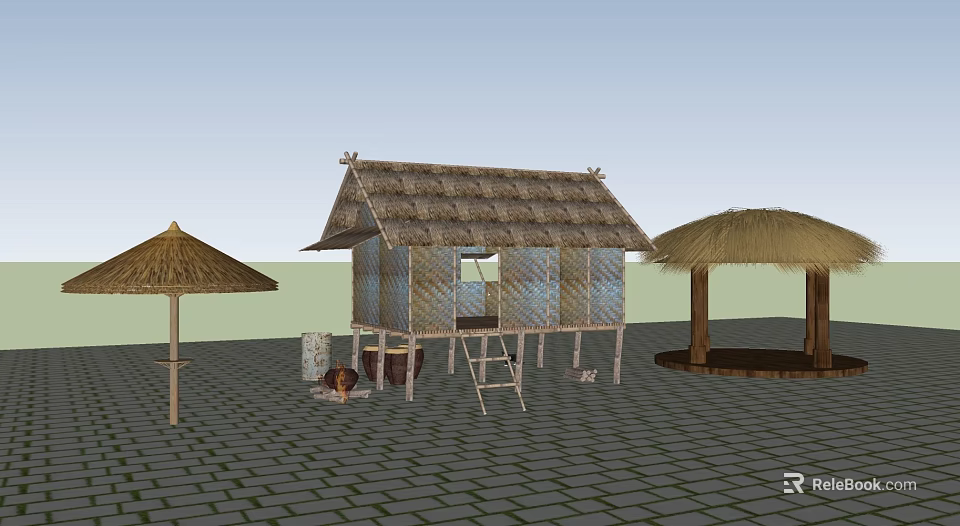 Traditional Thatched House With Straw Roof Ladder And Brick Paved Ground 3d model 