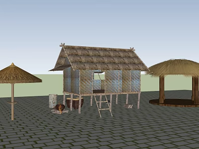 Traditional Thatched House With Straw Roof Ladder And Brick Paved Ground 3d model
