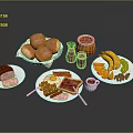 Assorted Breakfast Food Platter With Bread Ham Eggs Banana And Jam