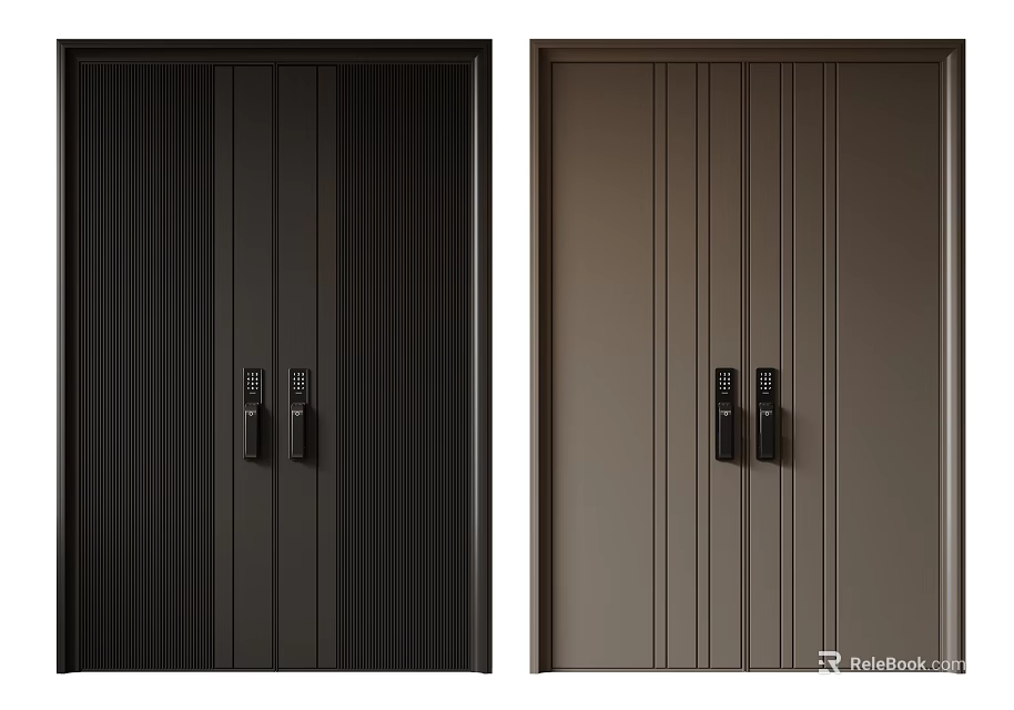 Modern Double Doors With Black Brown Vertical Stripes And Digital Locks 3d model 