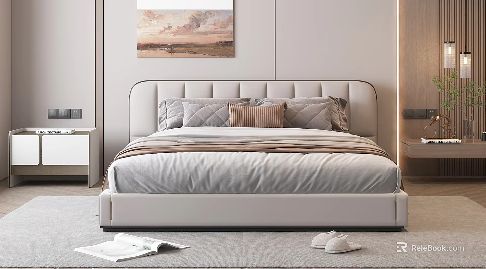 Modern Double Bed With Upholstered Headboard Cozy Bedding Minimalist Bedroom Wall Art And Nightstand 3d model 