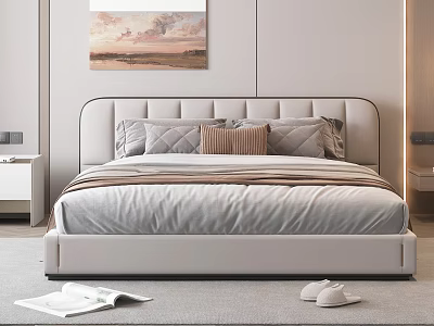 Modern Double Bed With Upholstered Headboard Cozy Bedding Minimalist Bedroom Wall Art And Nightstand 3d model