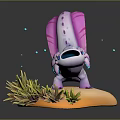 Blue Purple Creature With Pink Purple Decorative Tail In Green Orange Plants Grey Background