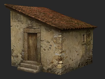 Traditional Rural Self Built House With Stone Walls Wooden Door And Red Tiled Roof 3d model