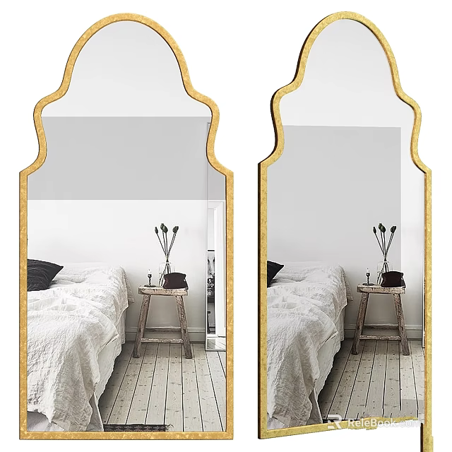 Elegant Golden Frame Mirror Reflecting Bedroom Interior With Bed And Bedside Table 3d model 
