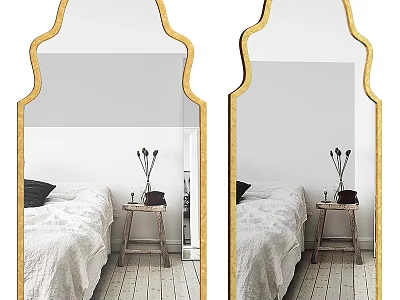 Elegant Golden Frame Mirror Reflecting Bedroom Interior With Bed And Bedside Table 3d model