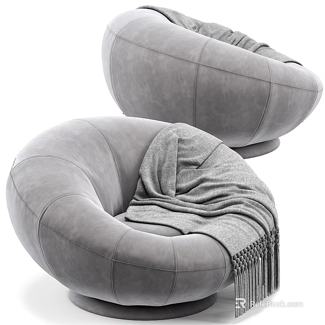 Modern Gray Plush Single Sofa With Round Design And Fringed Throw Blanket 3d model 