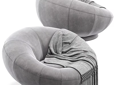 Modern Gray Plush Single Sofa With Round Design And Fringed Throw Blanket 3d model