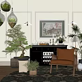 Brown Leather Leisure Chair In Living Room With Potted Plants Patterned Rug And Framed Artwork