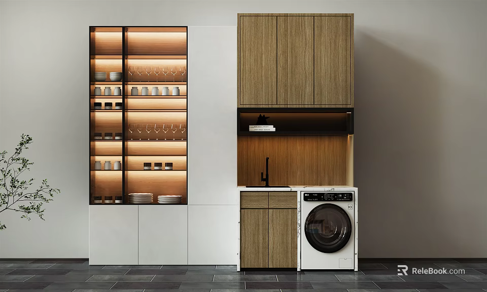 Modern Wooden Bathroom Cabinet With Storage Shelves And LED Lighting Design 3d model 