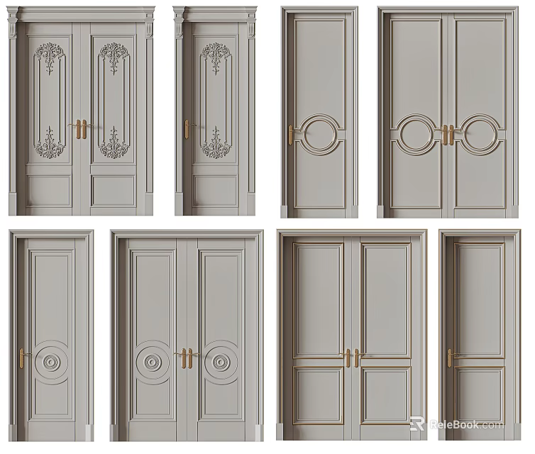 Elegant Gray Double Doors With Golden Handles And Decorative Details for Home Interior Design 3d model 