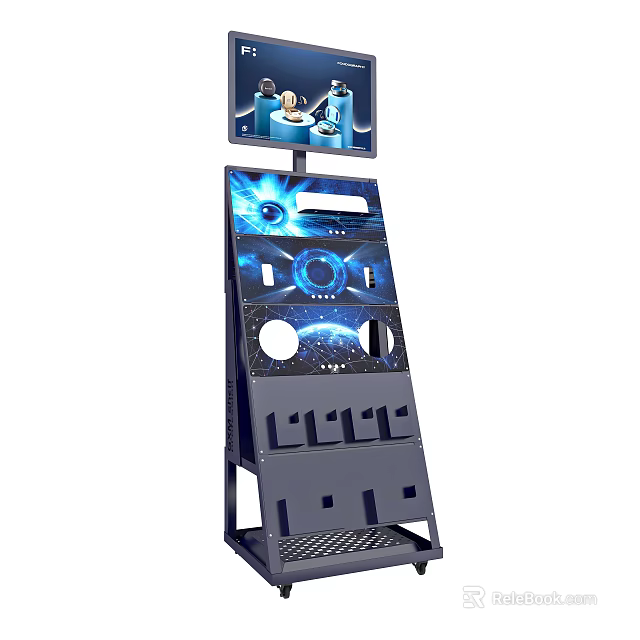 Modern Multi Tier Display Rack With Digital Screen And Tech Inspired Product Shelves 3d model