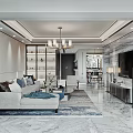 Contemporary Dining And Living Room Interior With Marble Flooring Dining Table Chairs And Pendant Lighting