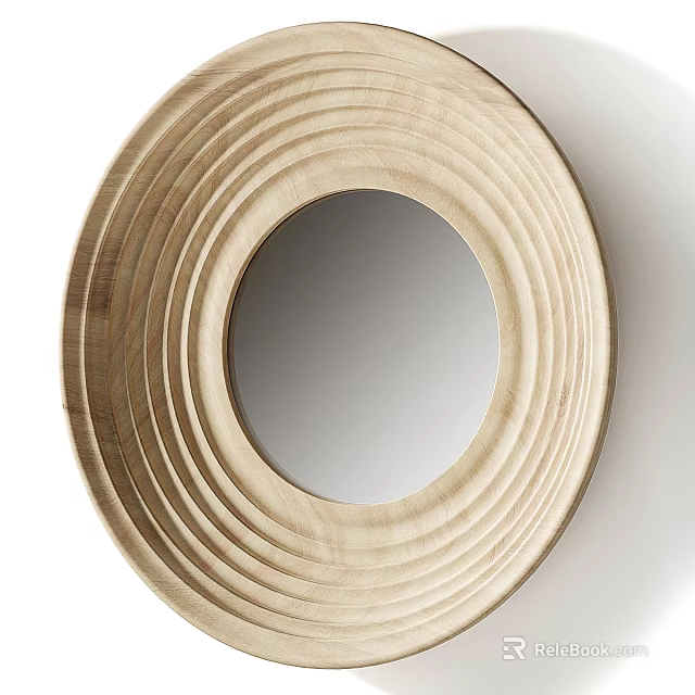 Circular Wooden Frame Mirror With Concentric Circle Texture And Minimalist Design 3d model