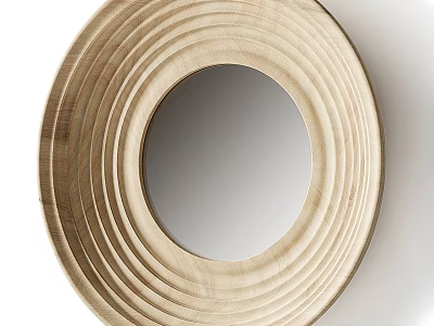 Circular Wooden Frame Mirror With Concentric Circle Texture And Minimalist Design 3d model