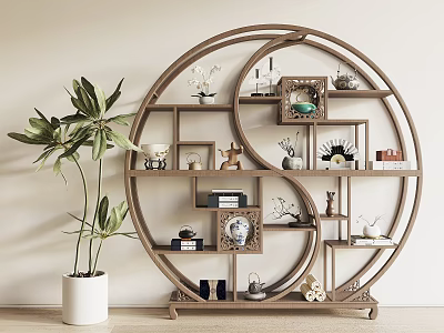 Traditional Chinese Circular Display Shelf With Decorative Items And Green Plant 3d model