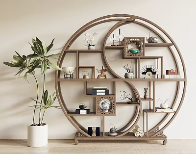 Traditional Chinese Circular Display Shelf With Decorative Items And Green Plant 3d model