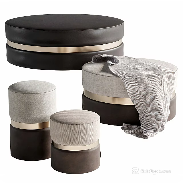 Modern Fabric Ottoman Stools With Black Grey Colors And Metal Trim Design 3d model 