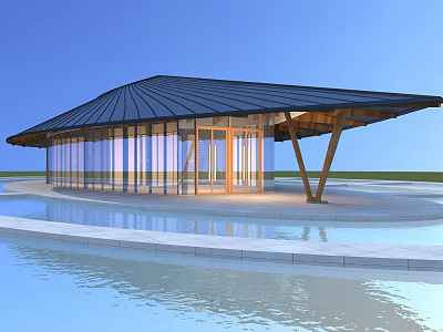 Modern Pavilion With Sloped Black Roof Large Glass Walls Surrounded By Water Pool 3d model