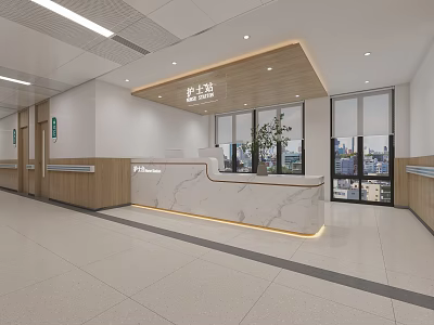 Modern Reception Area Interior With Marble Countertop And City View Windows 3d model