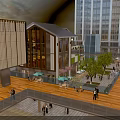 Traditional And Modern Architecture Commercial Street With Pedestrians Outdoor Seating Trees And High Rise Buildings