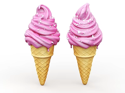 Two Pink Ice Cream Cones With Swirled Frosting And White Sprinkles 3d model