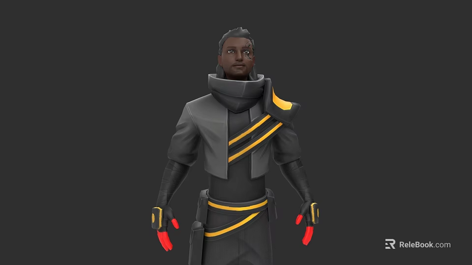Game Movie Character in Black Yellow Outfit with High Collar and Red Gloves 3d model 