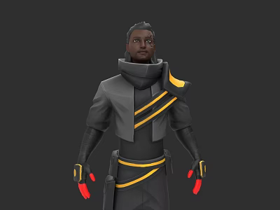 Game Movie Character in Black Yellow Outfit with High Collar and Red Gloves 3d model