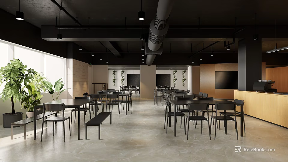 Modern Industrial Restaurant Interior With Exposed Pipes Tables Chairs Plants And Large Windows 3d model 