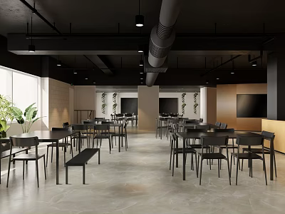 Modern Industrial Restaurant Interior With Exposed Pipes Tables Chairs Plants And Large Windows 3d model
