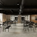 Modern Industrial Restaurant Interior With Exposed Pipes Tables Chairs Plants And Large Windows