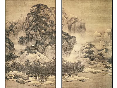 Traditional Chinese Landscape Painting With Mountains Trees Rocks And Pavilion 3d model