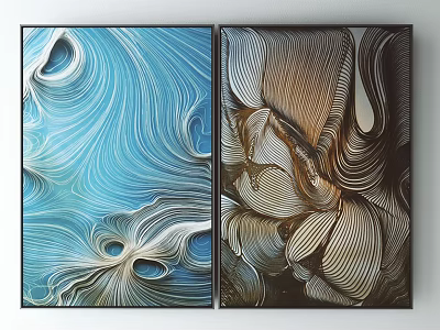 Abstract Wall Art Paintings With Blue And Brown Wave Patterns For Home Decor 3d model
